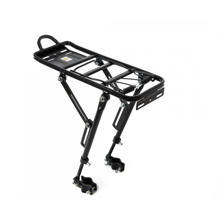 Задний багажник из алюминия черного цвета, с креплением к задним перьям. Рамка на пружине поможет закрепить небольшой легкий груз без дополнительных п