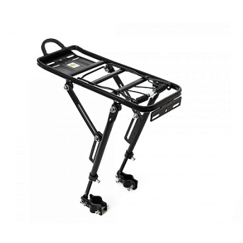 Задний багажник из алюминия черного цвета, с креплением к задним перьям. Рамка на пружине поможет закрепить небольшой легкий груз без дополнительных п